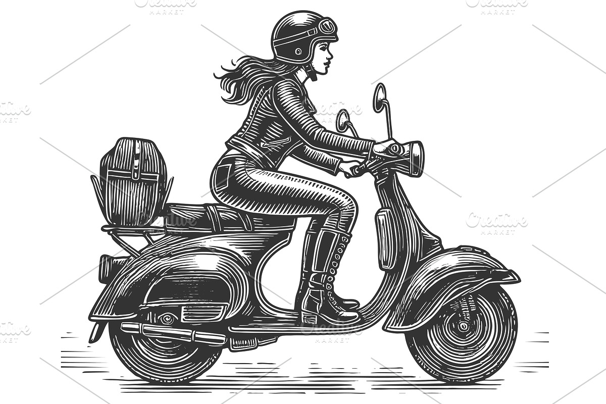 Woman Riding Classic Scooter, a Transportation Illustration by AlexArt