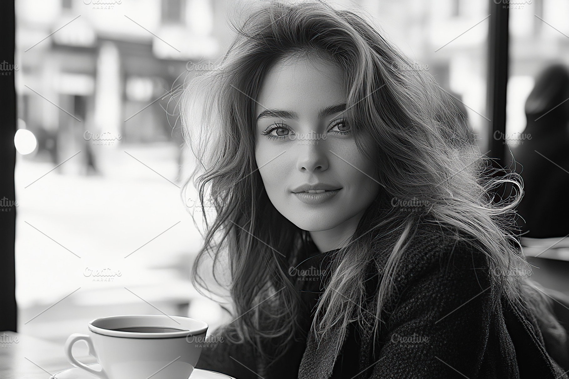 Attractive woman resting in outdoor cafe, photo in black and whi, a Person Photo by AlyaAnd