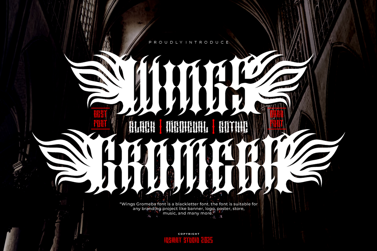 Wings Gromeba - Gothic Font, a Blackletter Font by Iqsiart Studio (Photo 1 of 7)