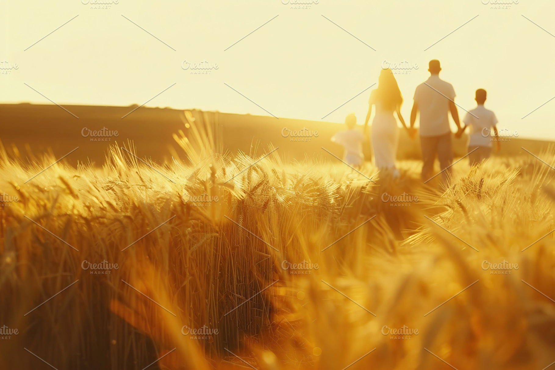 Back view of family on golden wheat field, a Nature Photo by AlyaAnd