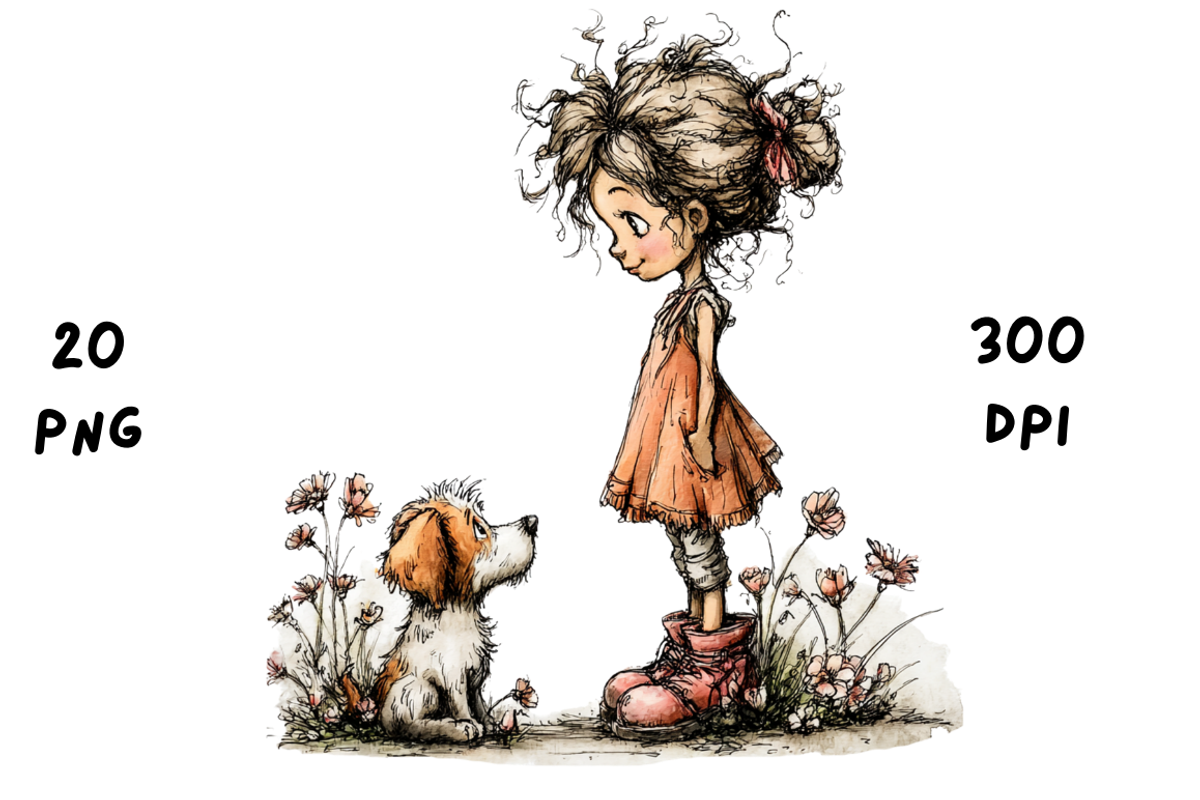 Whimsical Floral Girl and Puppy, an Animal Illustration by GiraffeCreative (Photo 12 of 20)