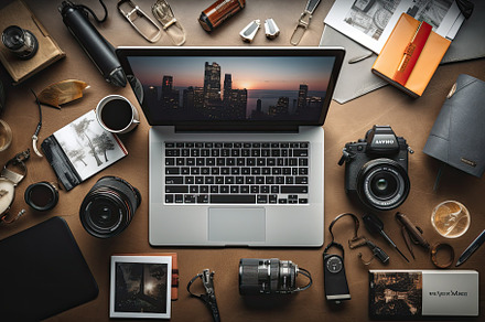 Photographer workspace with laptop,, a Photo by Iftikhar Alam