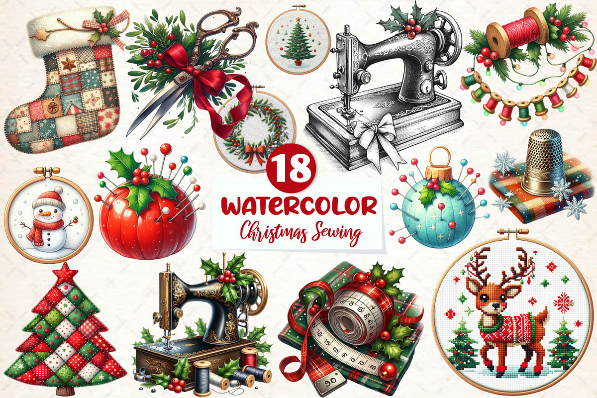 Christmas Sewing Clipart Sublimation, an Illustration by CreationArt (Photo 1 of 4)