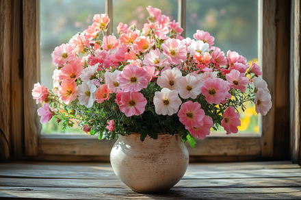 Vibrant pink and white petunias in a, a Photo by Tanuart
