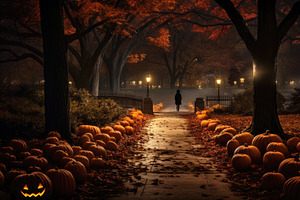 Spooky Park With Pumpkins In Haunted