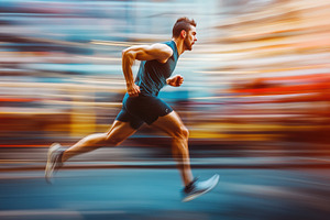 A male athlete sprinting in a dynamic motion blur, showcasing speed and determi, a Person Photo by Textures & Backgrounds