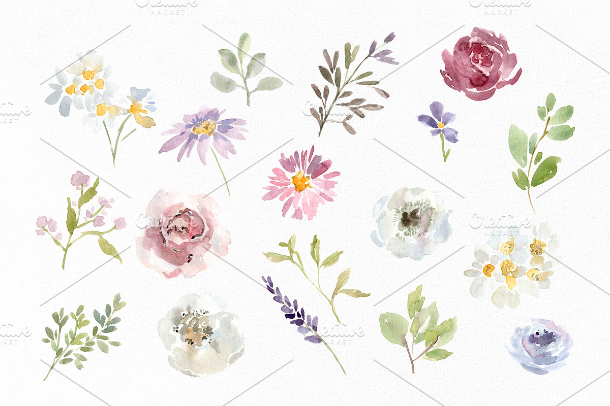 Watercolor Hand-painted Pale Flowers, a Decorative Illustration by GraphicsDish (Photo 2 of 4)