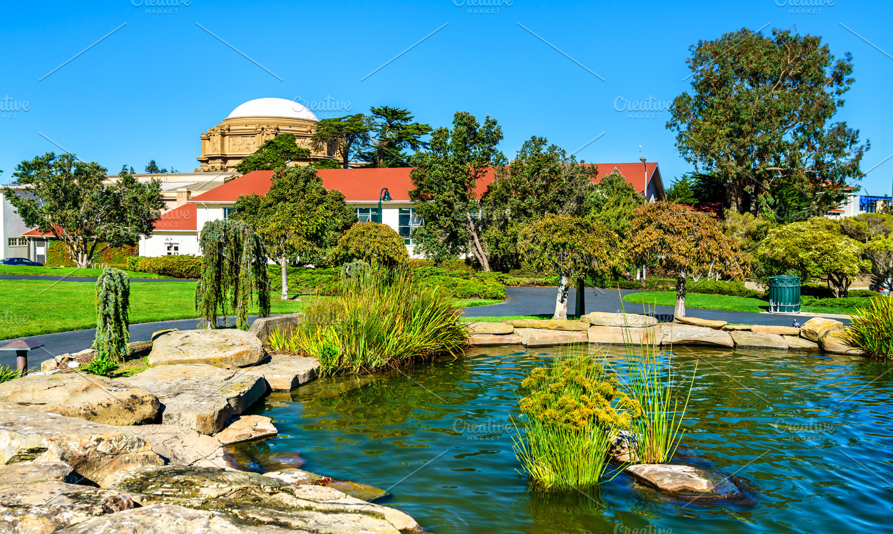 Manicured park and pond at a digital arts center in San Francisco, an Architecture Photo by Leonid Andronov