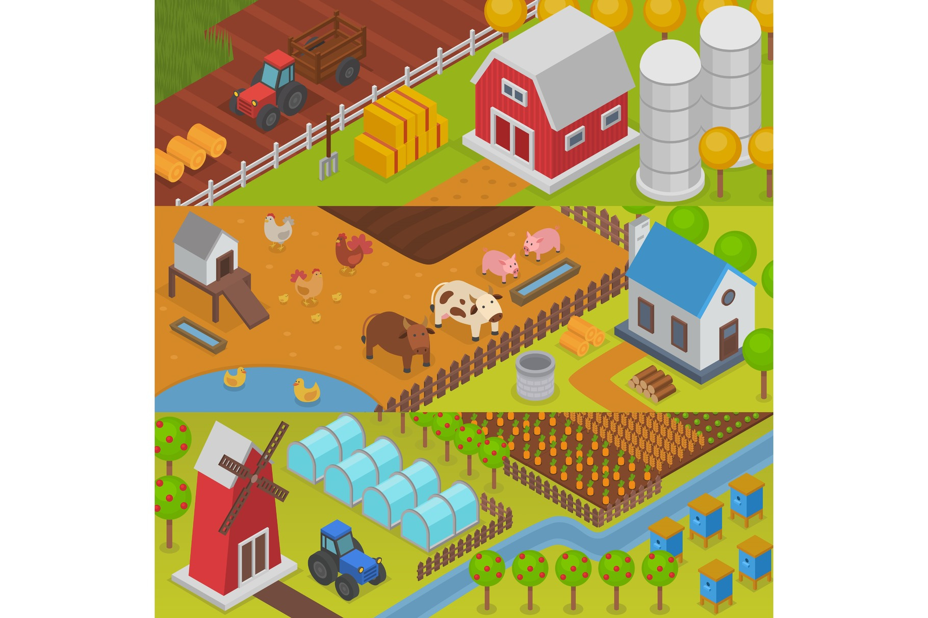 Farm vector agriculture landscape, an Animal Illustration by KitVector