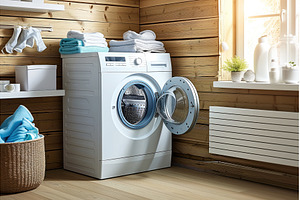 Modern laundry room displays washer, an Architecture Photo by Ungvar Studio