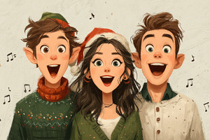Joyful animated Christmas carolers singing together in festive h, a Holiday Photo by José Manuel Gelpi