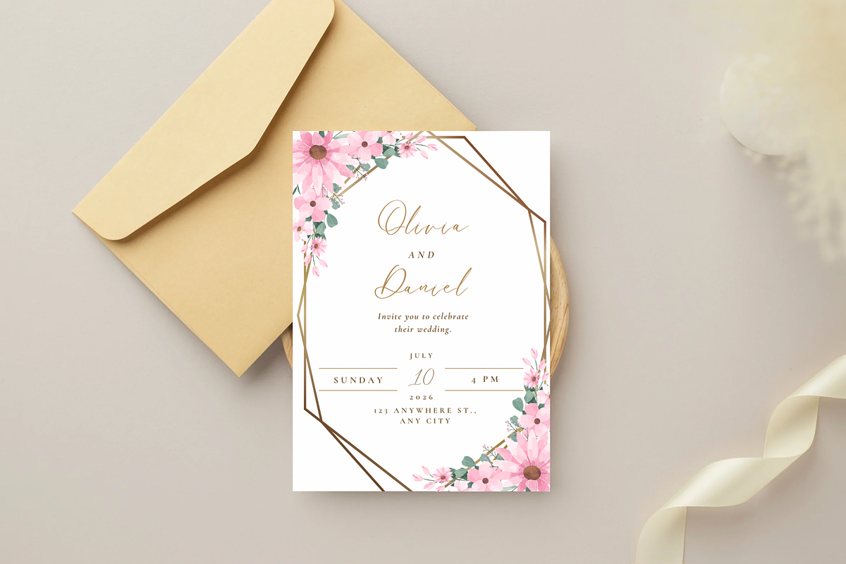 Pink Floral Gold Wedding Invitation, an Invitation Template by SweetDesigncraft (Photo 2 of 4)