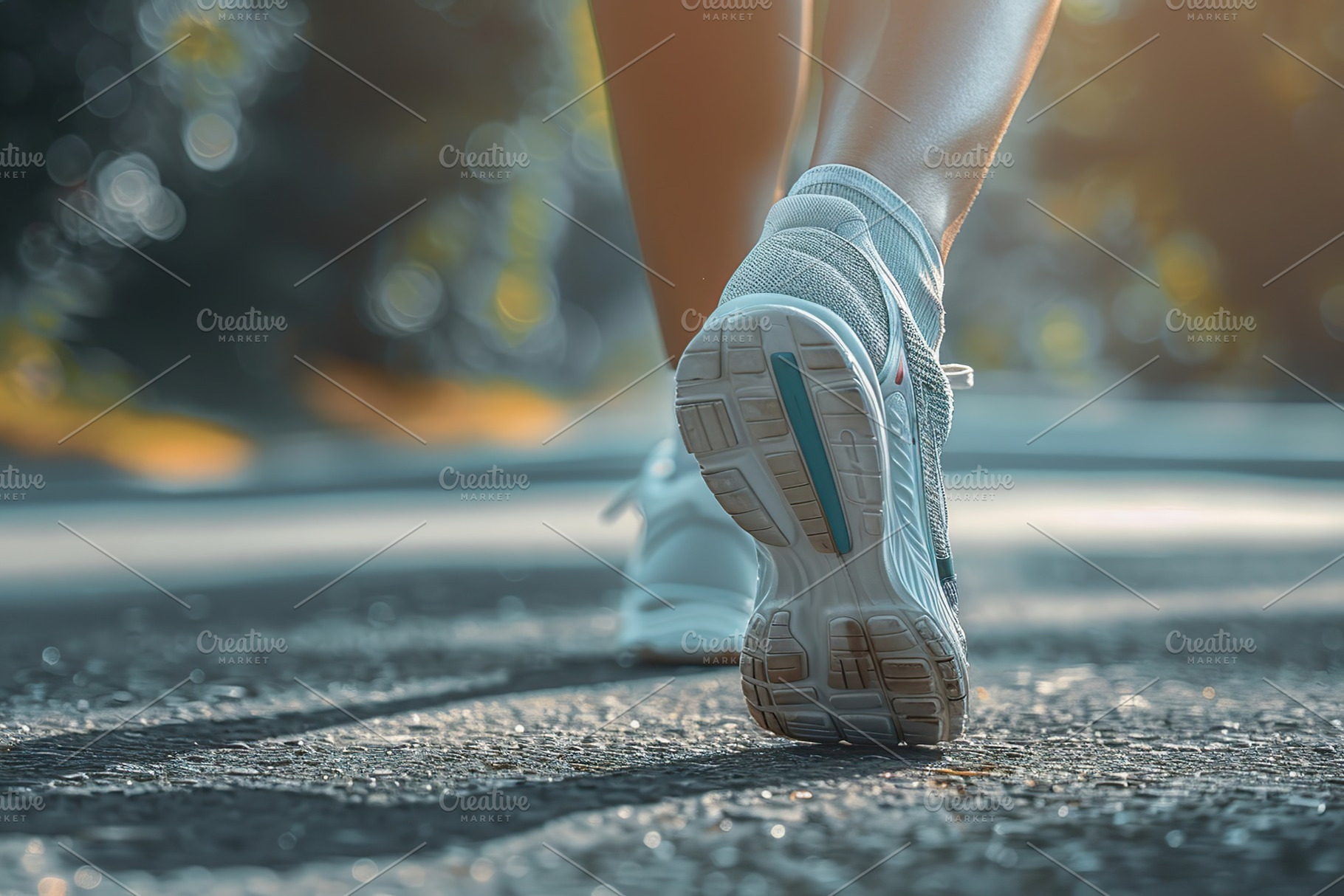 Female feet running in sport shoes on park path, a Photo by AlyaAnd
