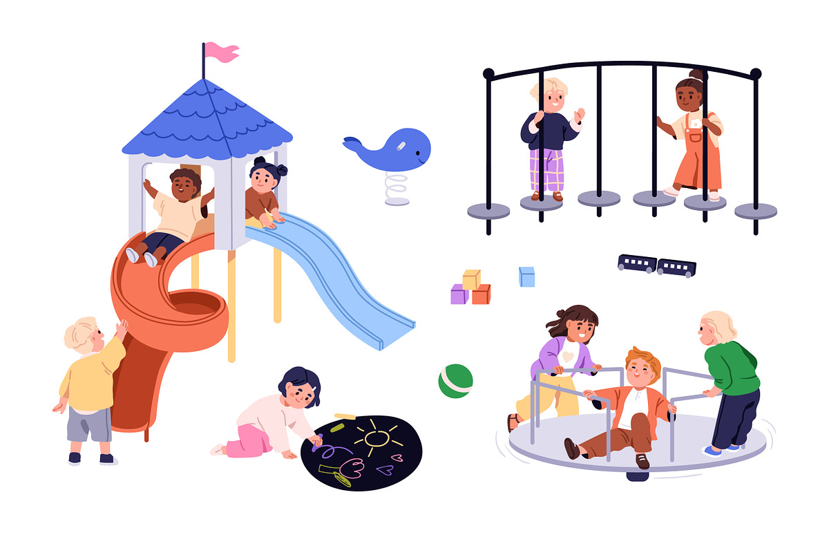 Happy kids playing on playground set, a Person Illustration by Good Studio (Photo 3 of 3)
