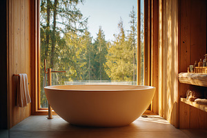 Luxurious bathtub in a cozy cabin with a stunning view of lush trees through an, a Photo by AlyaAnd