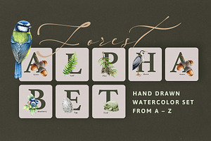 Forest Alphabet Watercolor Clipart
