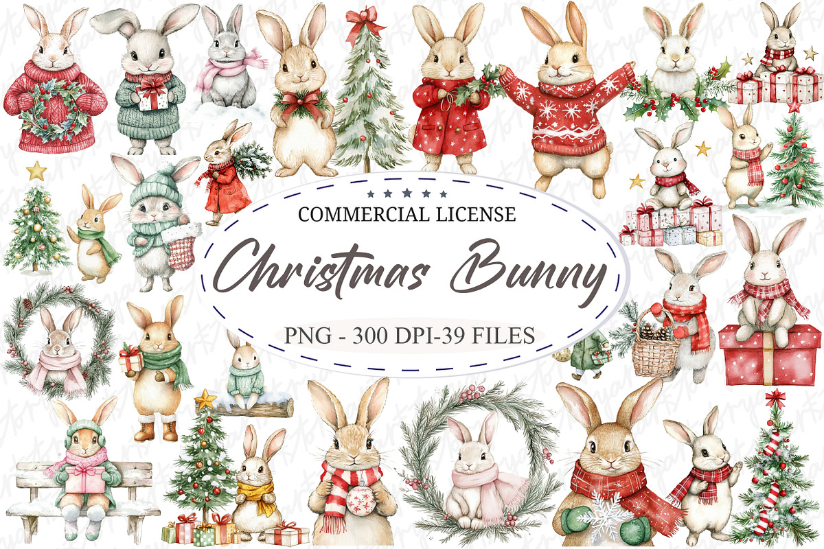 Whimsical Christmas Bunny Clipart, an Illustration by designcity5 (Photo 1 of 5)