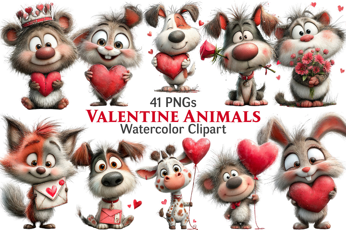Valentine Animals Watercolor Clipart, an Illustration by Pixels.Craft (Photo 1 of 5)