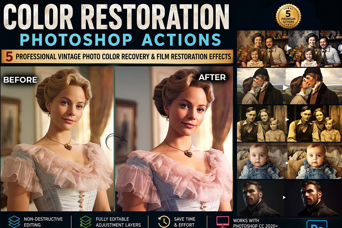 20 Photo Restoration Ps Action, an Action Add-On by Studio Retouch (Photo 2 of 45)