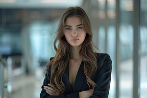 Young business woman in business suit standing on blurred office background, a Person Photo by AlyaAnd