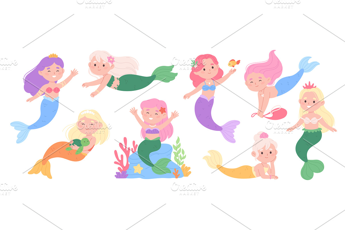 Cute mermaid characters. Little, an Illustration by LadadikArt