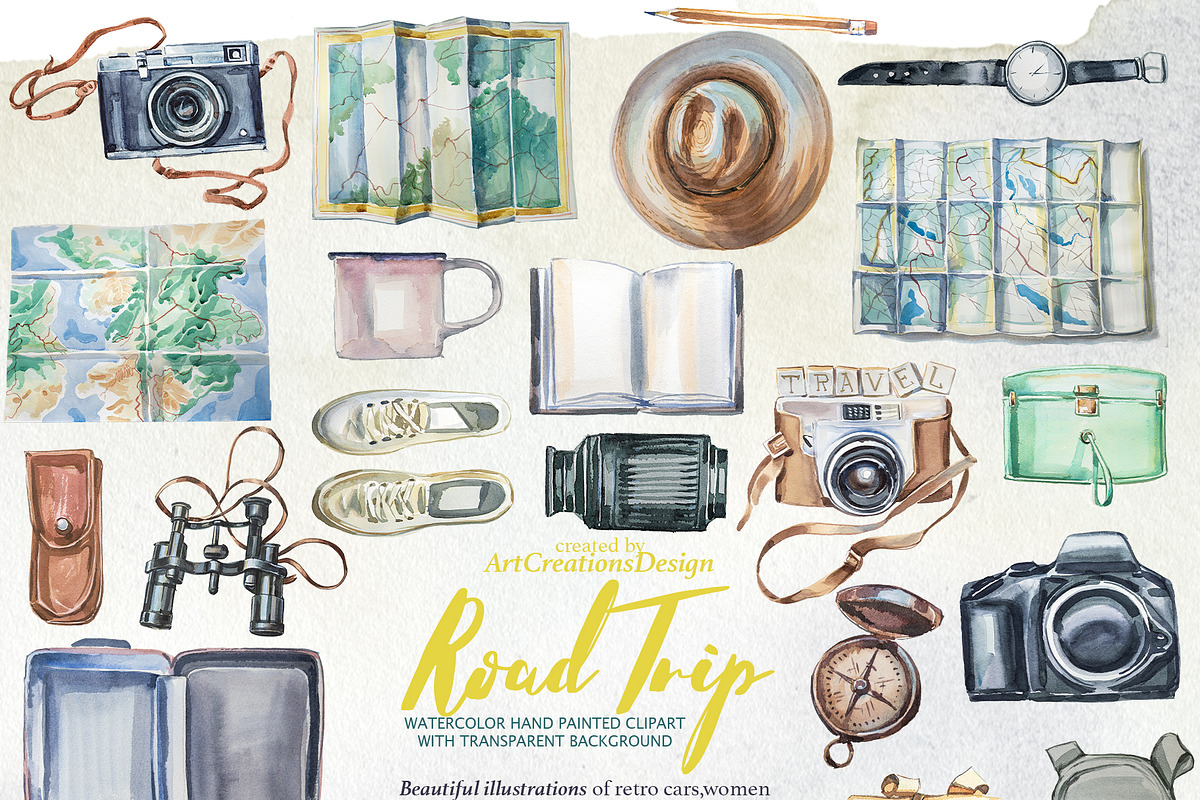 Watercolor Road Trip Clipart Set, a Person Illustration by ArtCreationsDesign (Photo 12 of 19)