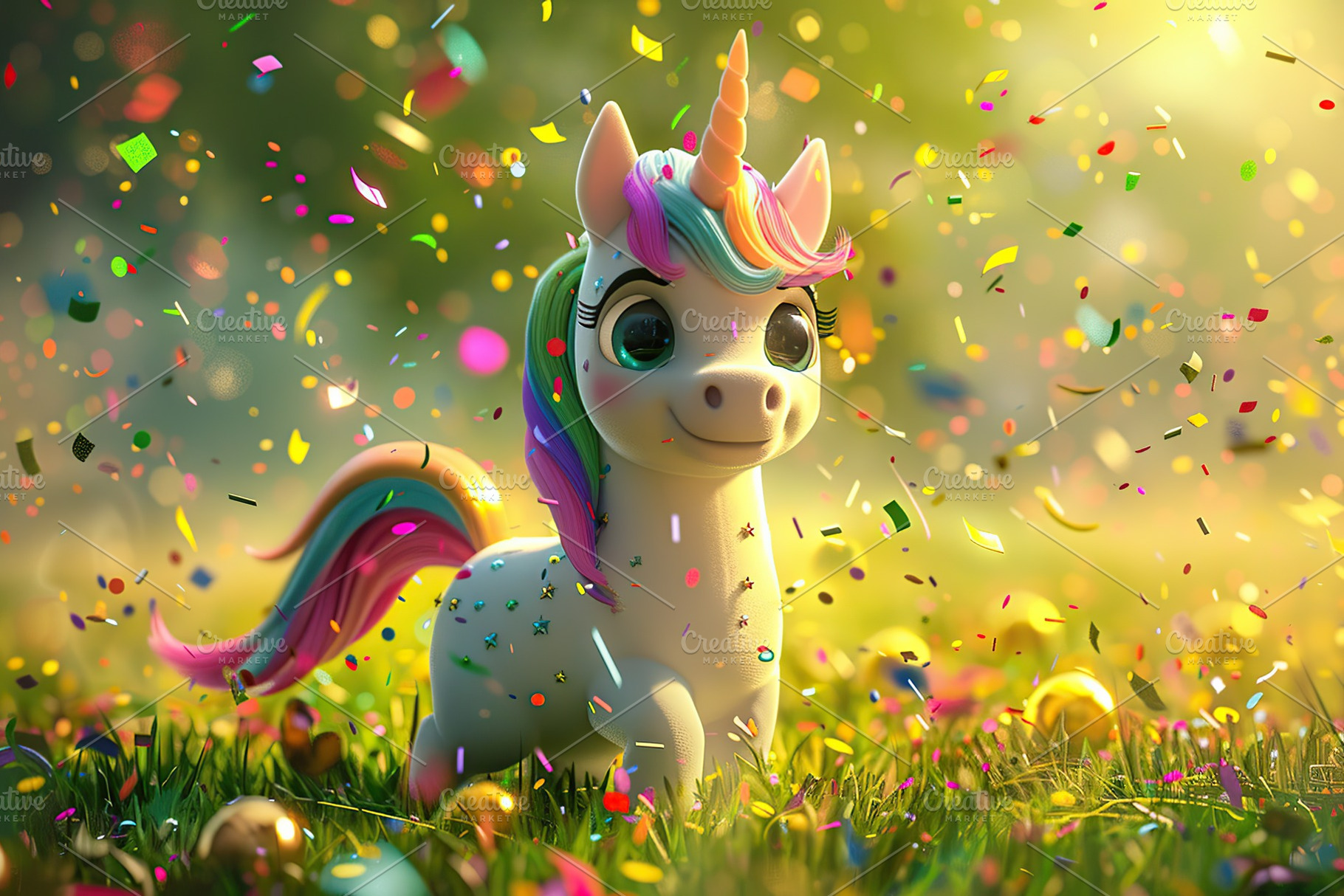 Illustration of cute baby unicorn on green grass, an Abstract Photo by AlyaAnd