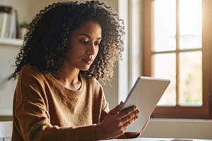 Young adult using a digital tablet to study at home, a School & Education Photo by DanFLCreativo