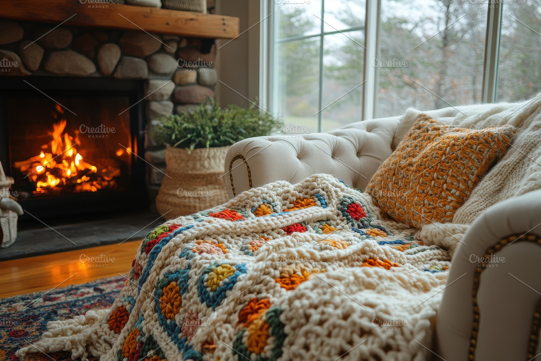 Cozy living room with a warm fire an, a Photo by Tanuart