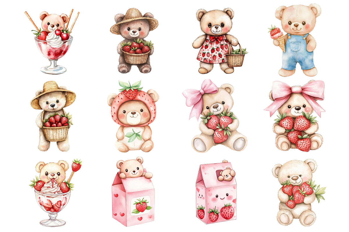 Kawaii Teddy Bear Strawberry Clipart, a Seasonal Illustration by CitraGraphics (Photo 2 of 4)