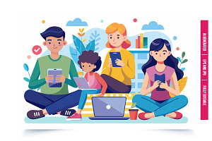 Four individuals, sitting on a bench, an Illustration by Tanuart