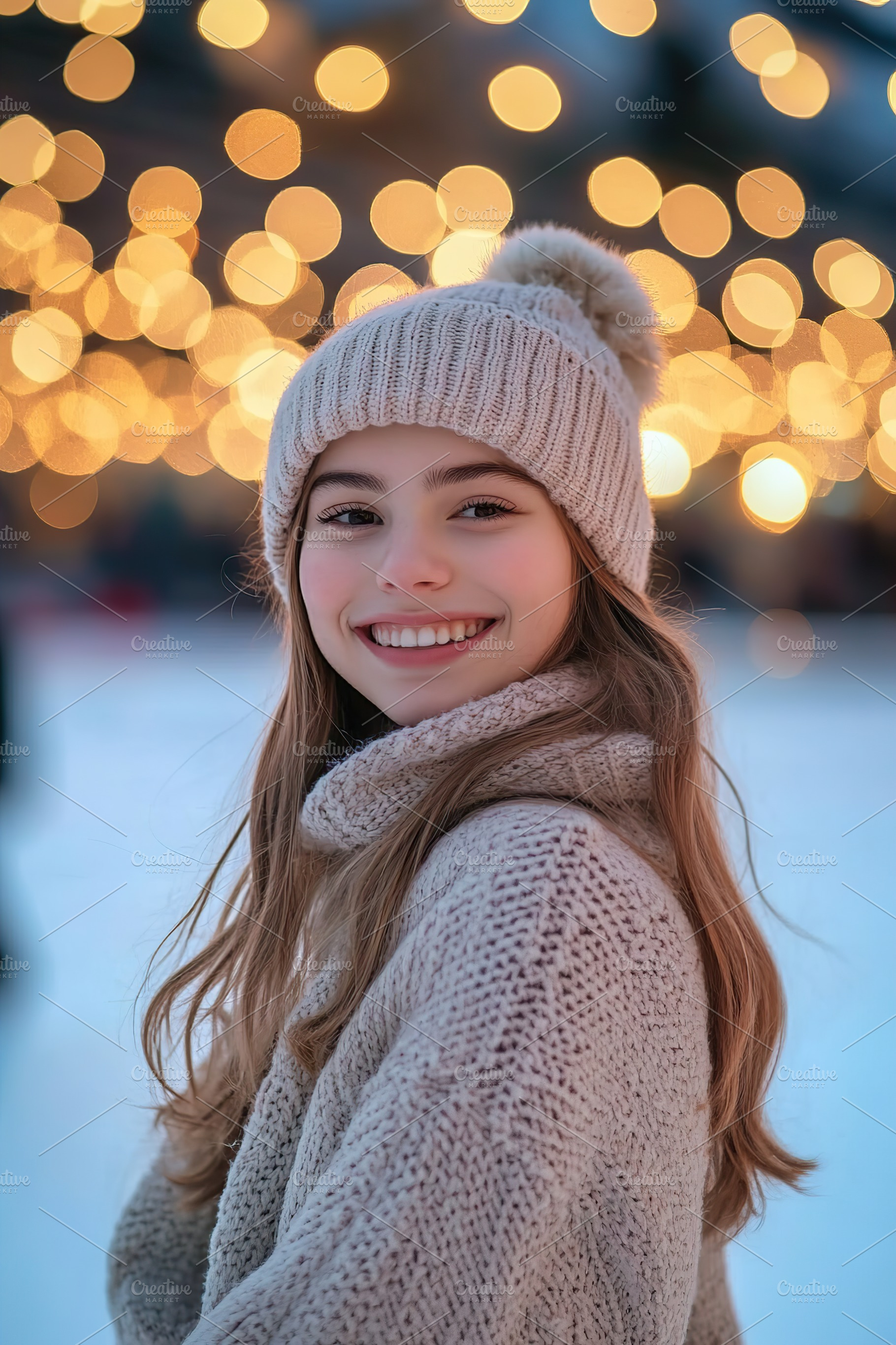 Woman enjoying ice skating with a smile at a winter rink decorated with lights, a Person Photo by AlyaAnd