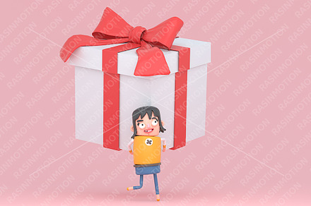 Cute girl carrying a big gift box.