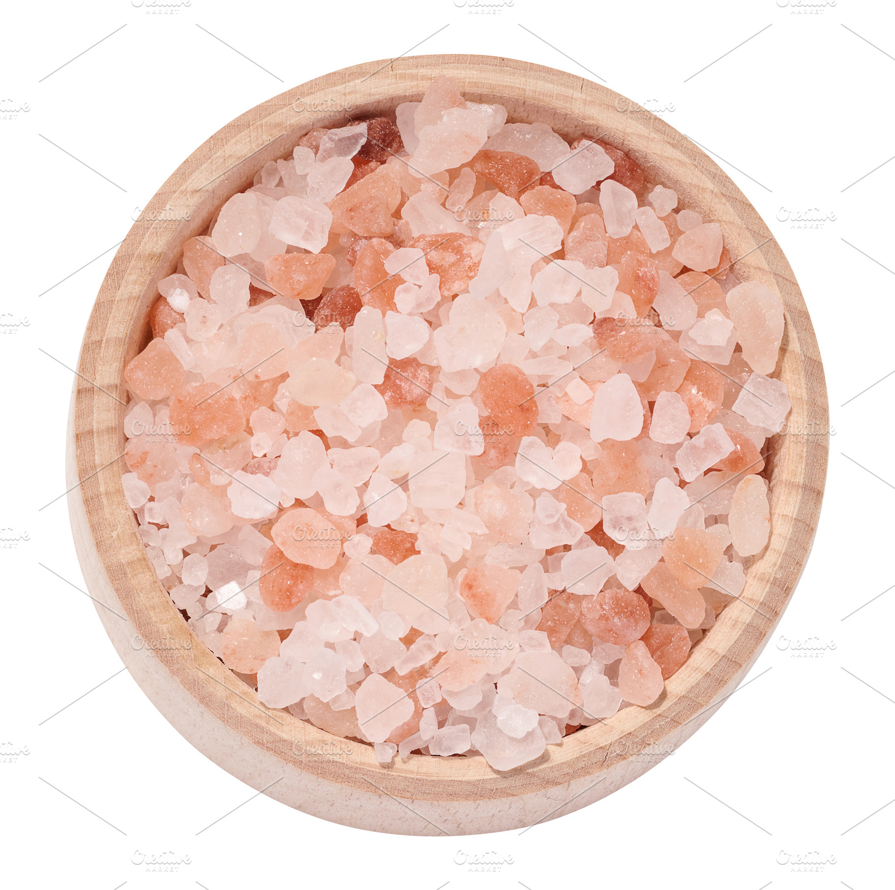 White and pink Himalayan salt in a wooden bowl on a white isolat, a Food & Drink Photo by ndanko