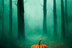 Halloween pumpkin in dark forest, a Holiday Photo by hitdelight