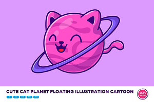 Cute Cat Planet Floating Cartoon