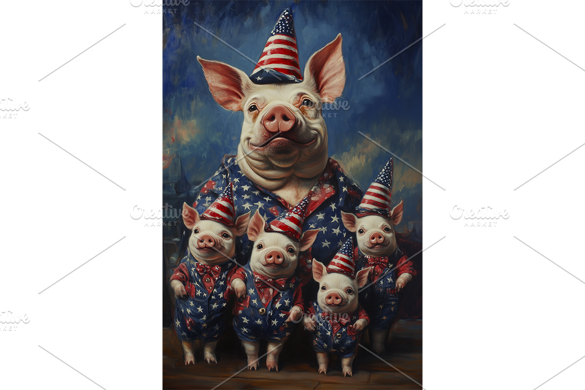 Pig Family Art Fourth of July Décor, an Animal Illustration by Art Paradise Studios