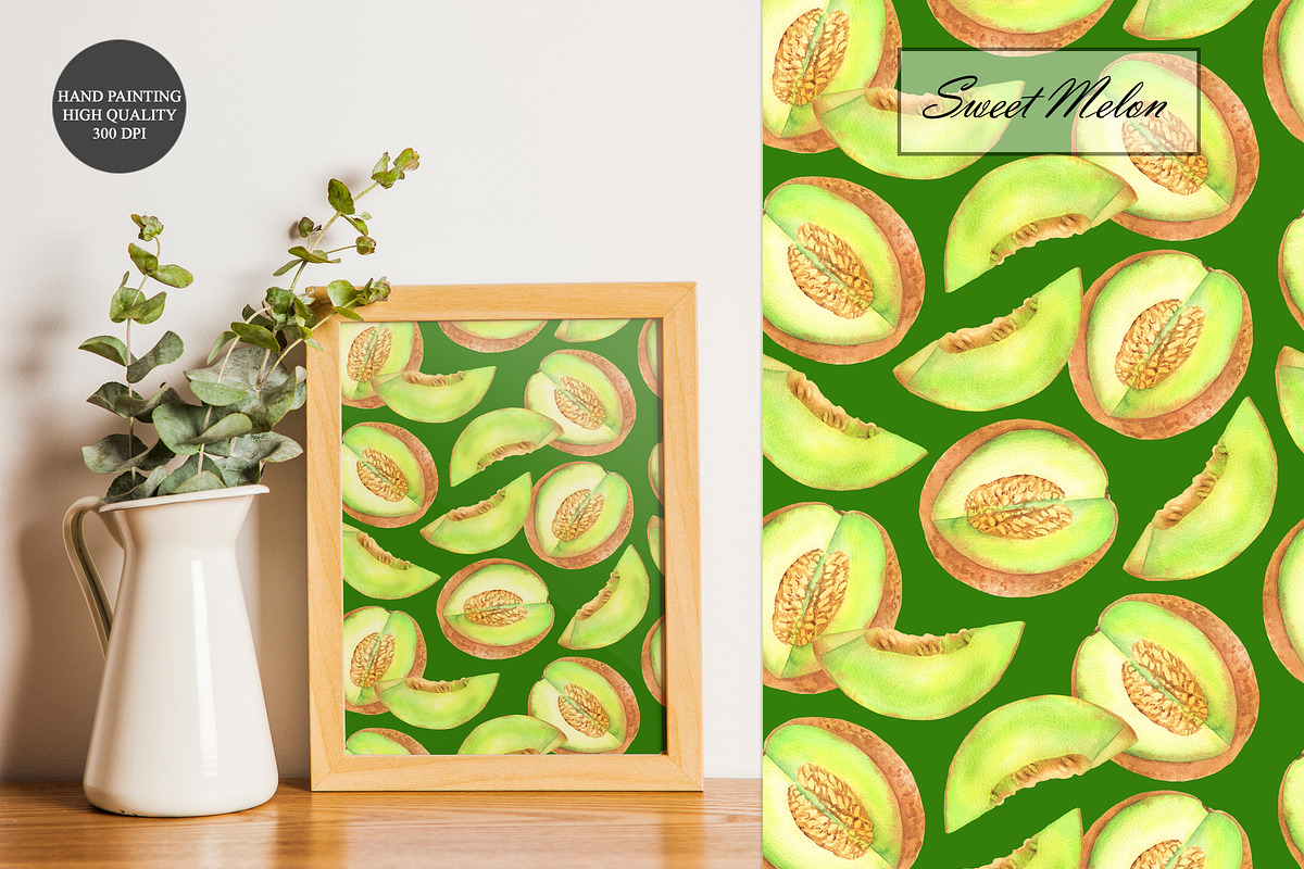 Watercolor Melon Seamless Patterns, a Food Illustration by OlDm_Shop (Photo 7 of 10)