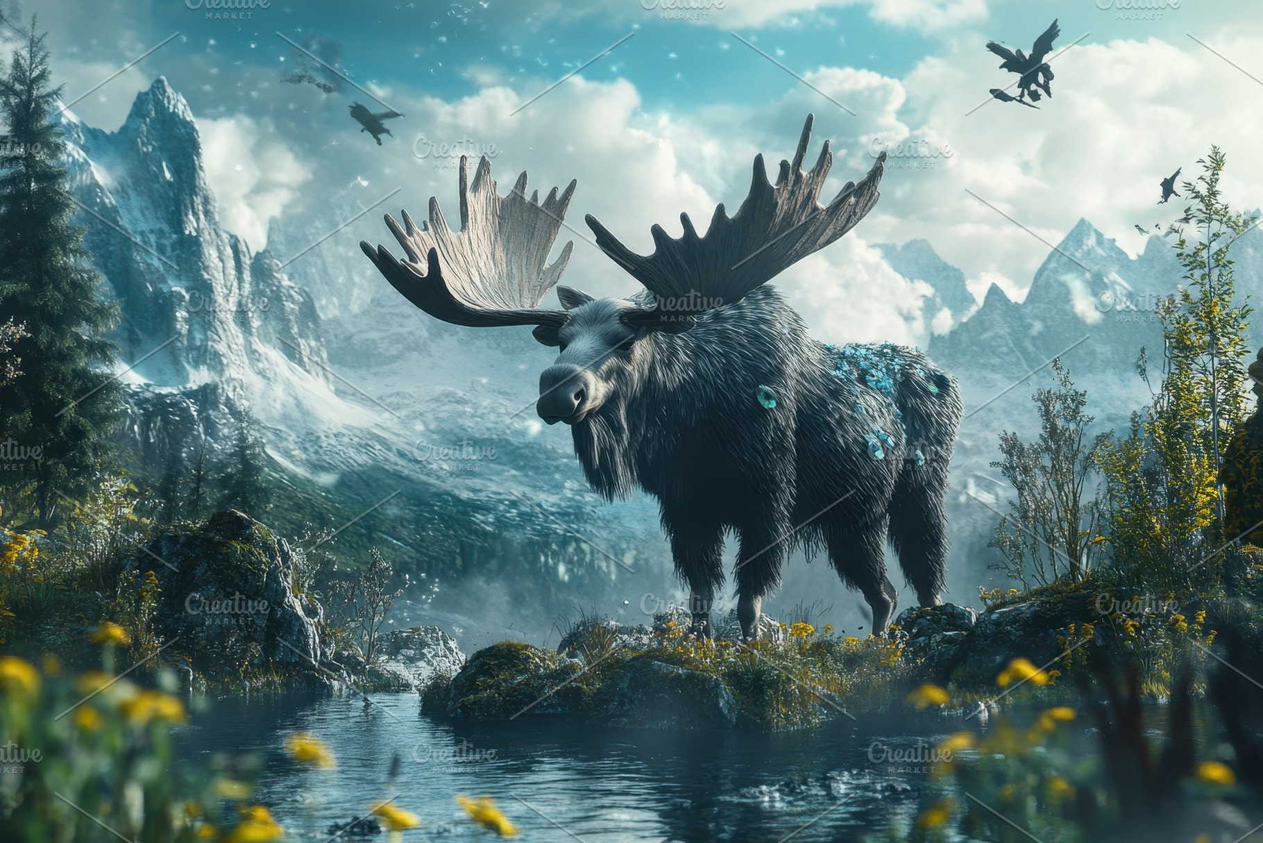 Majestic moose stands by the serene, a Photo by Pavel_design