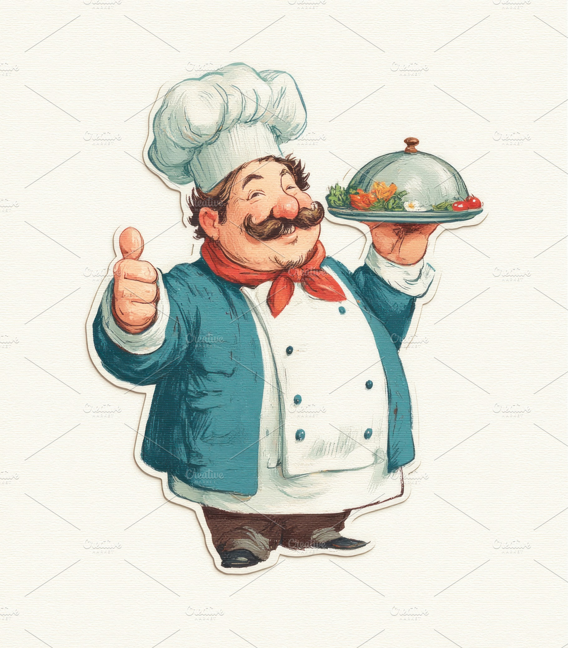 Cheerful cartoon chef giving thumbs up while holding a covered d, a Person Photo by José Manuel Gelpi