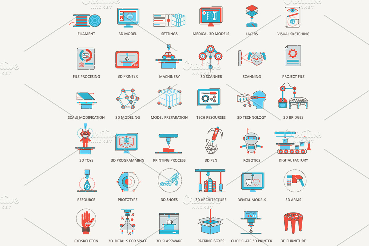 3D printing modeling icons set, an Outline Icon by Lemberg Vector