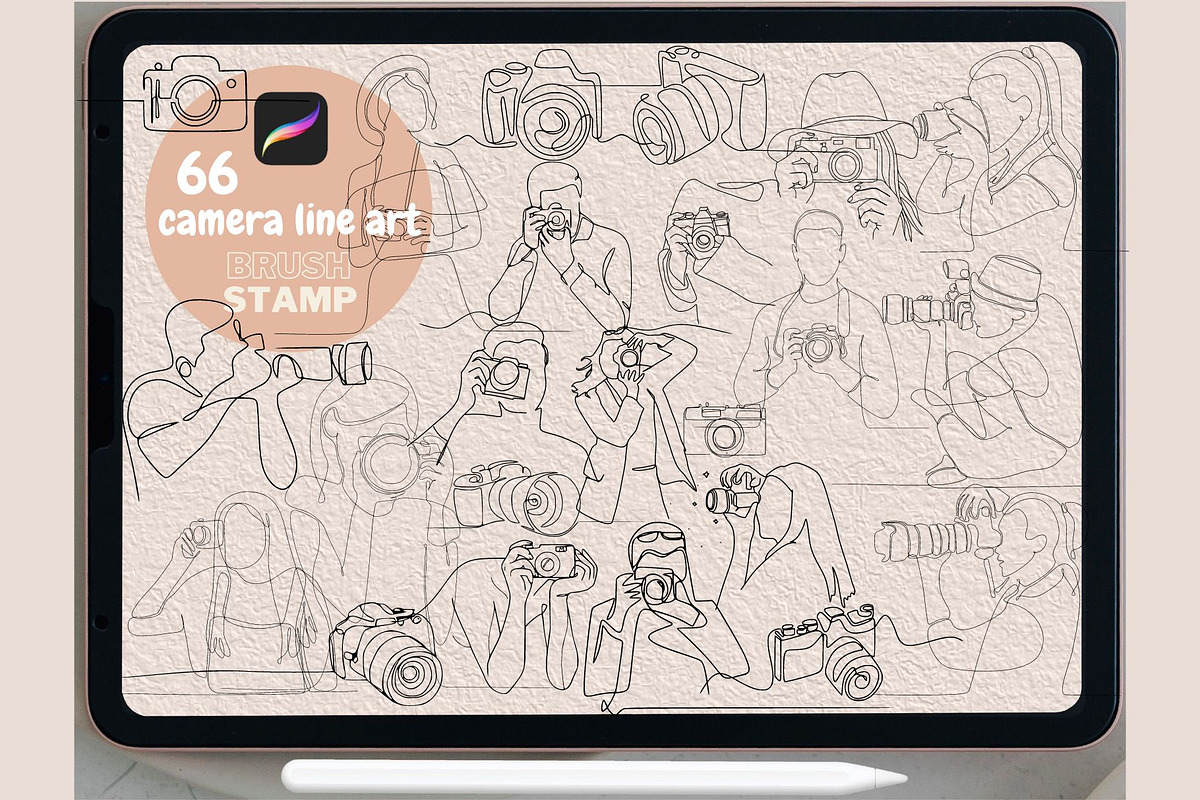 66 camera line art PROCREATE brushes, a Brush Add-On by TaKong Magics (Photo 1 of 3)
