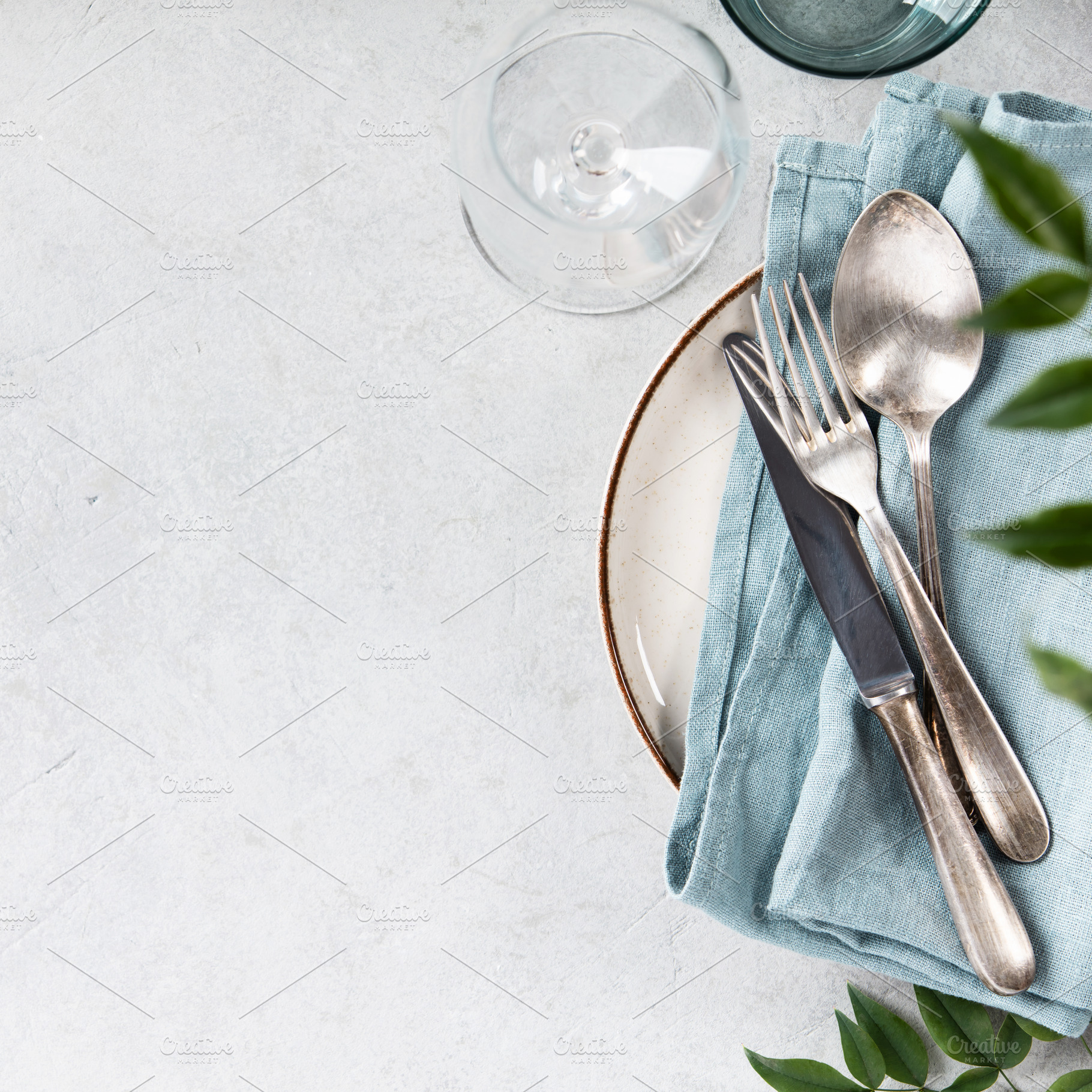 Elegant Table Setting with Vintage Cutlery and Greenery, a Food & Drink Photo by Natalia Klenova's Shop