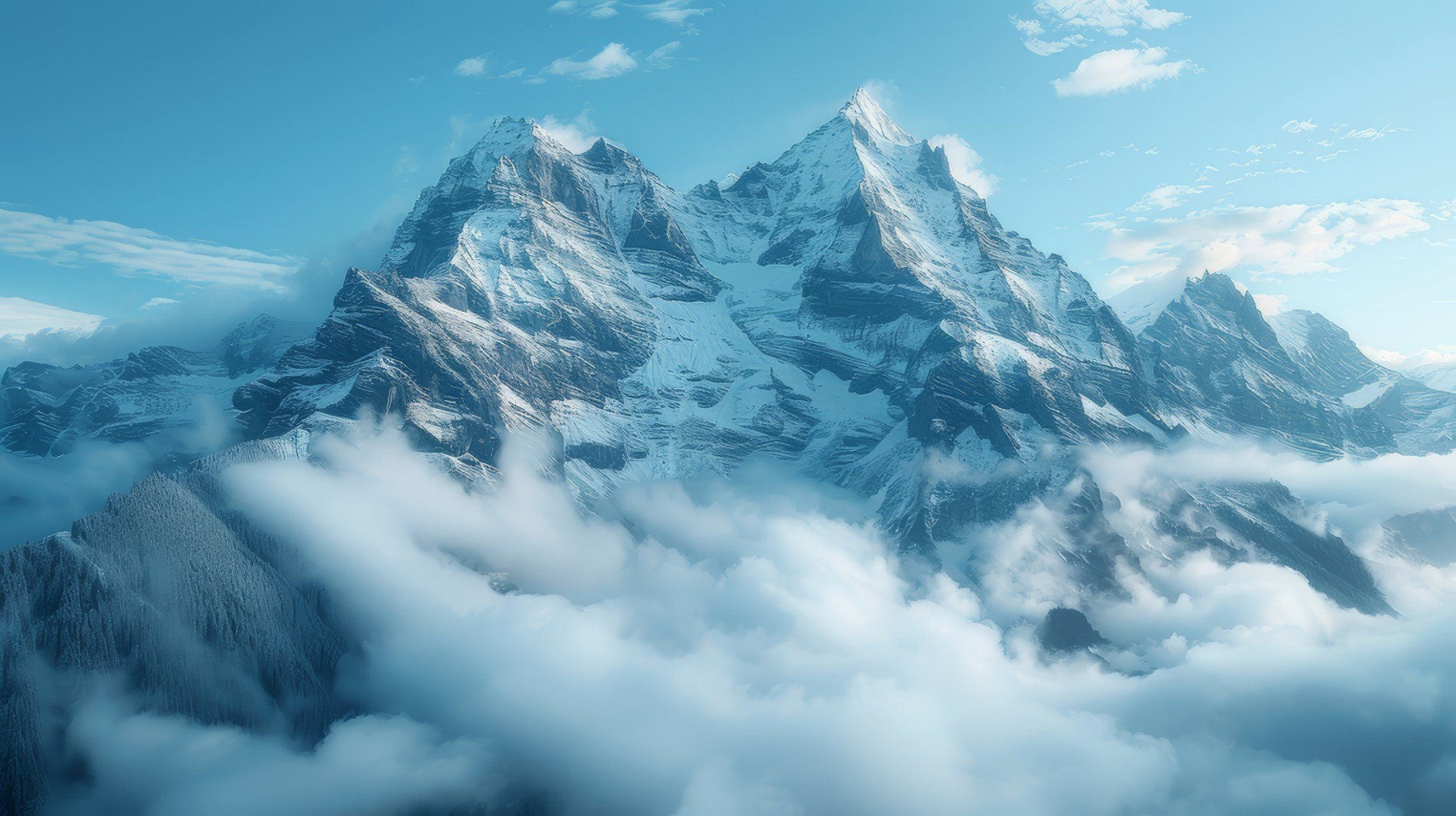 Majestic Mountain Peaks Shrouded in Clouds under a Clear Blue Sky, a ...