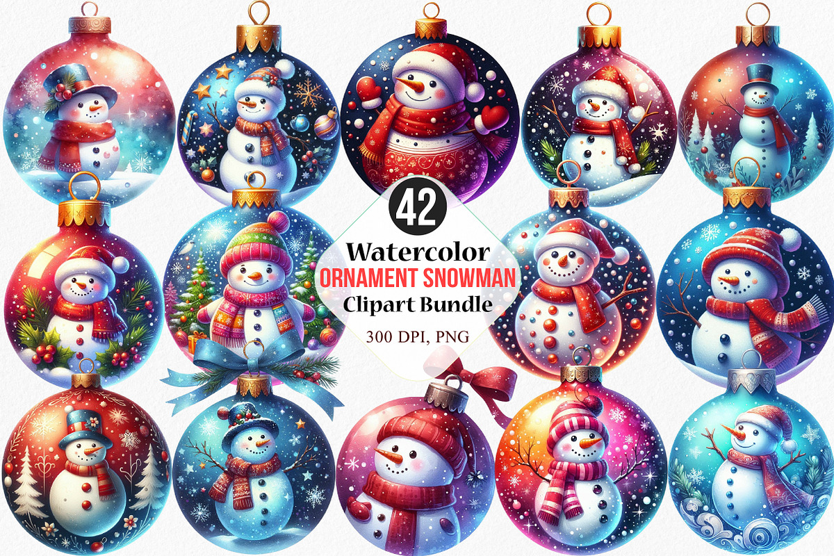 Watercolor Ornament Snowman Clipart, an Illustration by Canvas Craft (Photo 1 of 9)