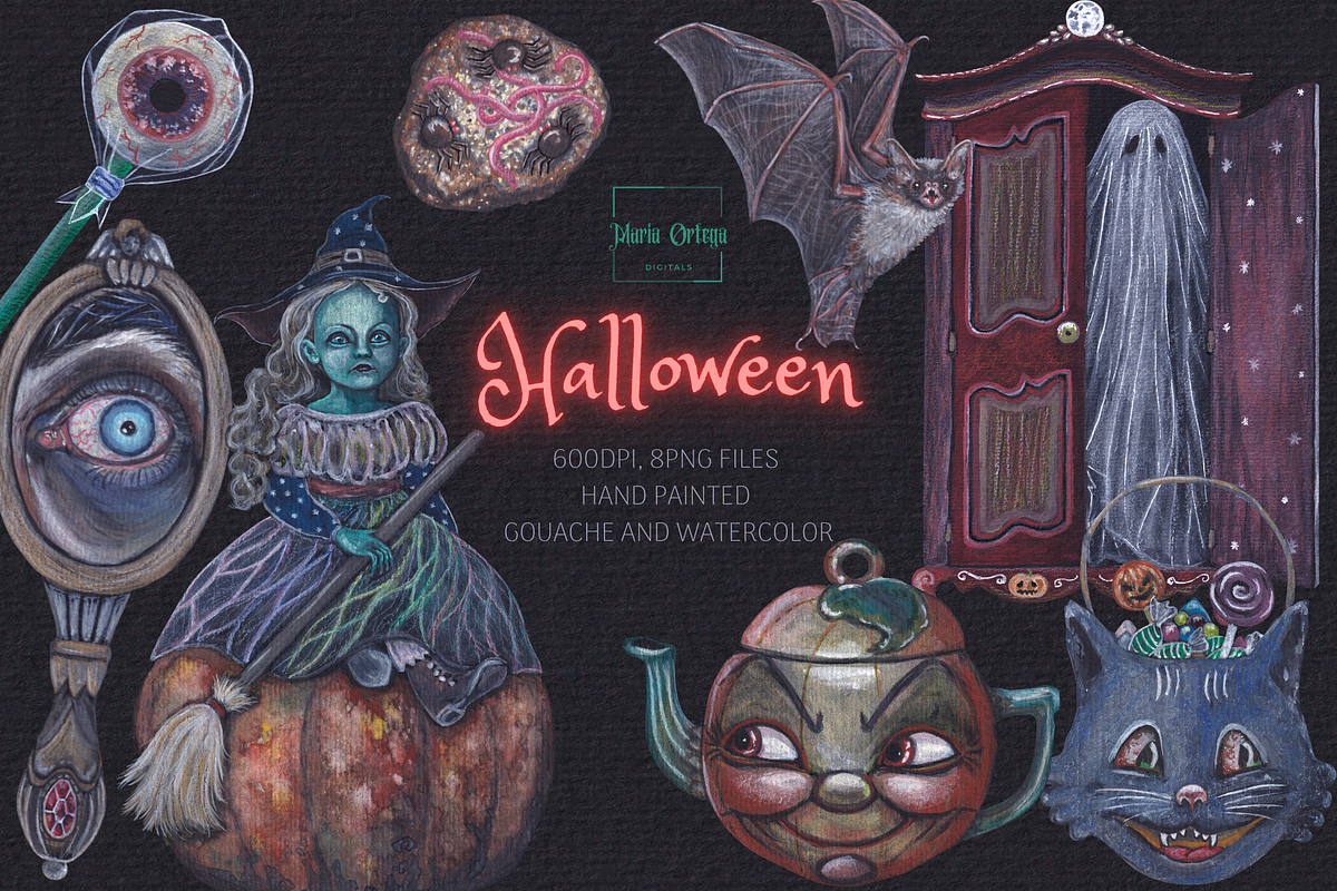 Vintage Halloween Clipart, an Illustration by MariaOrtegaDigitals (Photo 1 of 7)