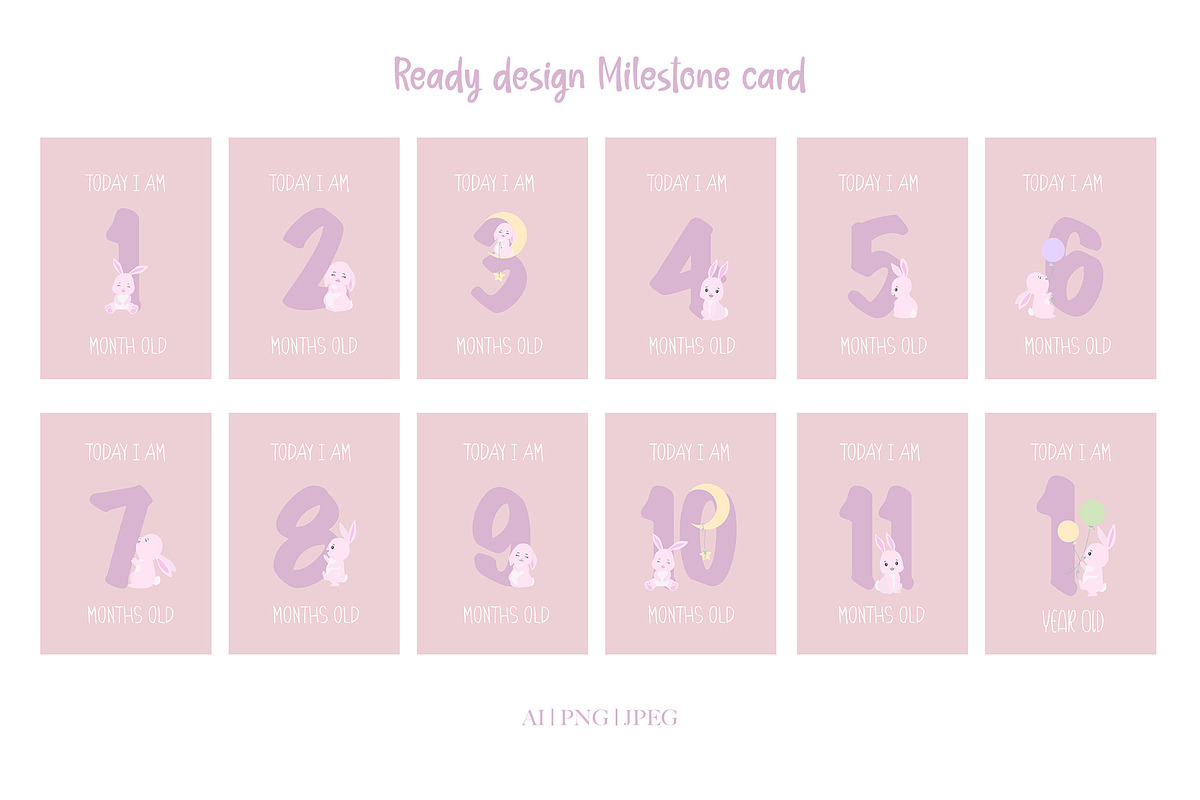Cute Bunny Girl Baby Milestone Cards, a Card Template by DysenkaArt (Photo 2 of 3)