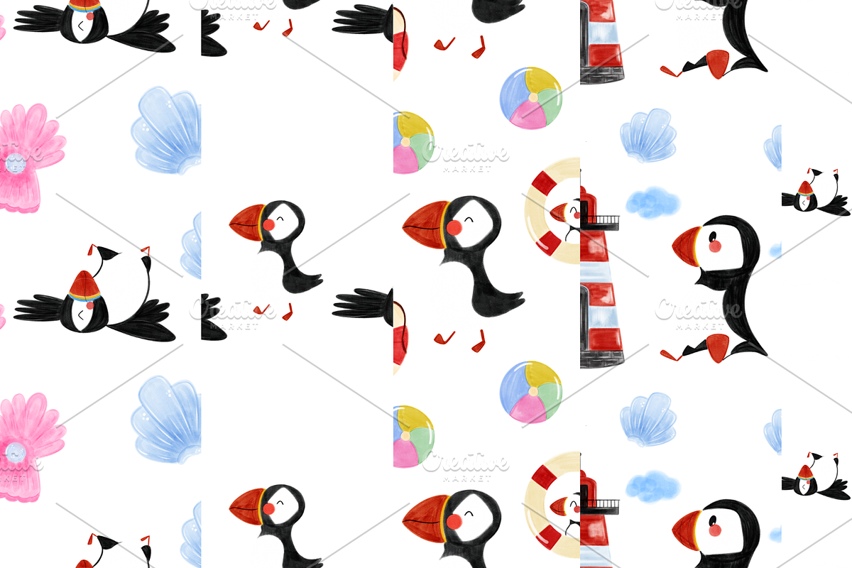 Watercolor Puffin Seamless Pattern, an Animal Illustration by Oleksandra Illustrates (Photo 7 of 13)
