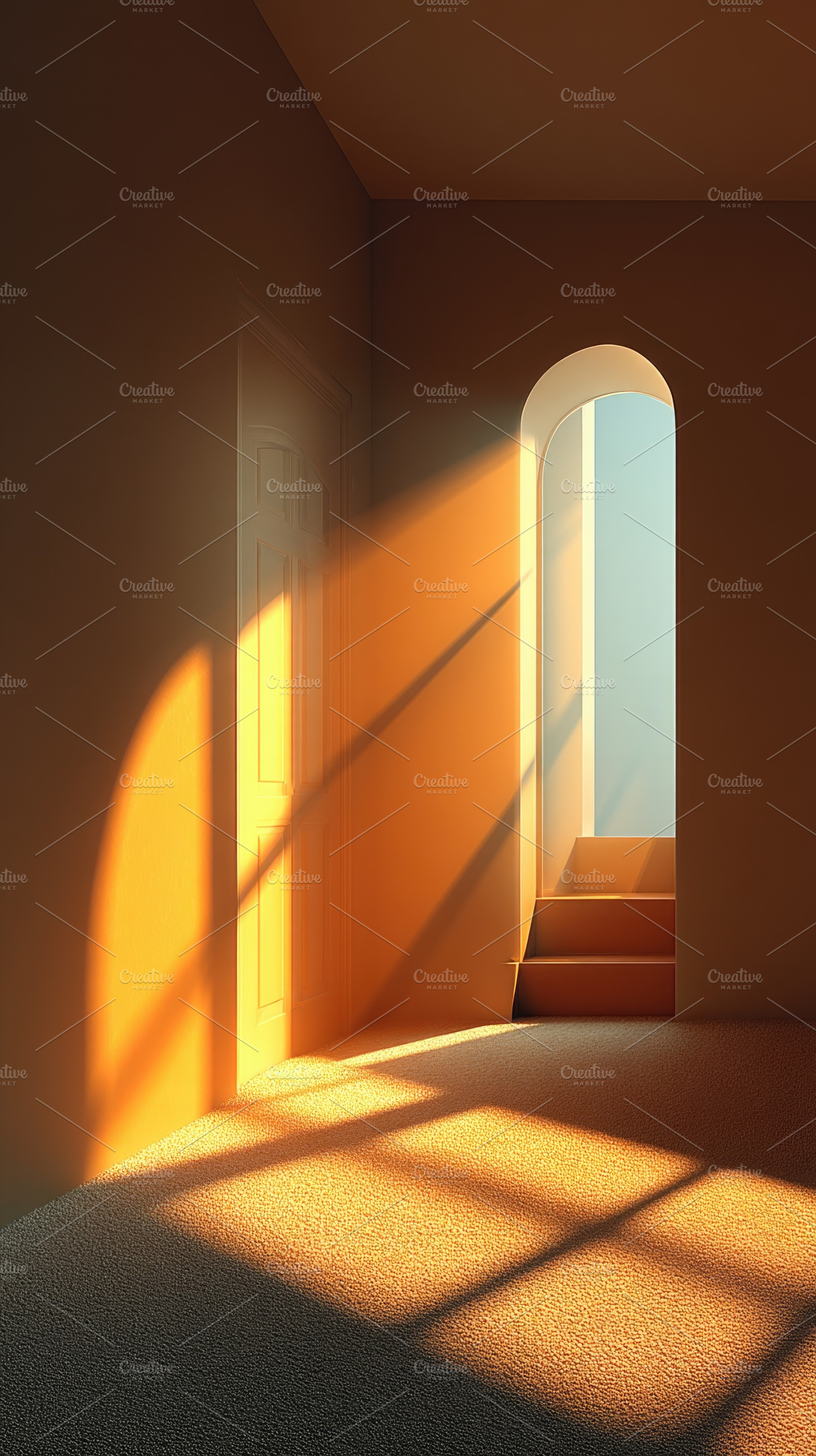 Warm Minimal Interior with Arched Window and Sunlight Shadows, a Background Photo by José Manuel Gelpi