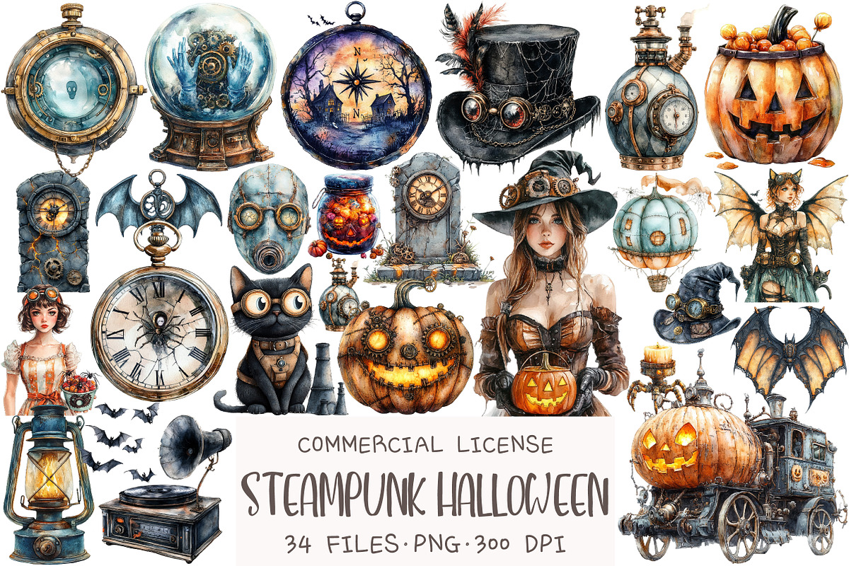 Steampunk Halloween Clipart, an Illustration by OK Design (Photo 1 of 5)